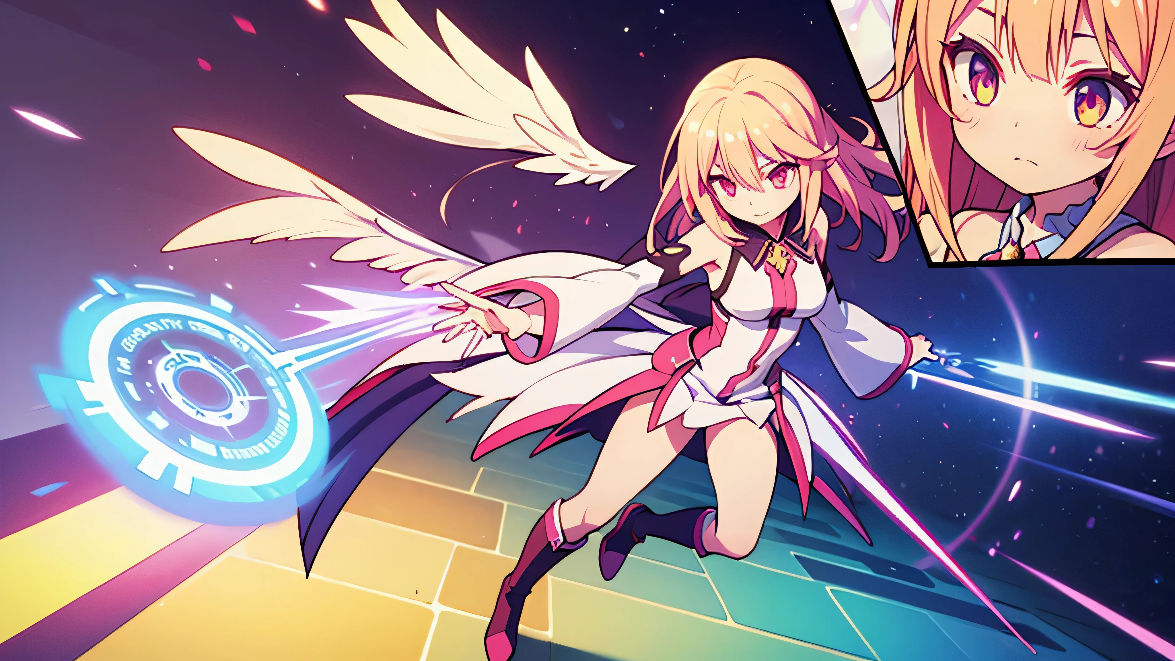 original female Flügel character from No Game No Life universe, full-body, elegant and powerful, long fluffy gradient hair (pink to blonde), golden glowing eyes with slit pupils, large geometric magic wings made of circuits and light, wearing futuristic and revealing Flügel-style outfit with high collar, detached sleeves, glowing runes, and thigh-high boots, levitating with open book and glowing spell circle in hand, confident expression, background of a glowing floating library in the sky, cinematic lighting, anime-style shading, ultra detail, masterpiece, 8k extra fingers, fused fingers, malformed hands, lowres, realistic, feather wings, cropped, blurry, bad anatomy, ugly face, watermark