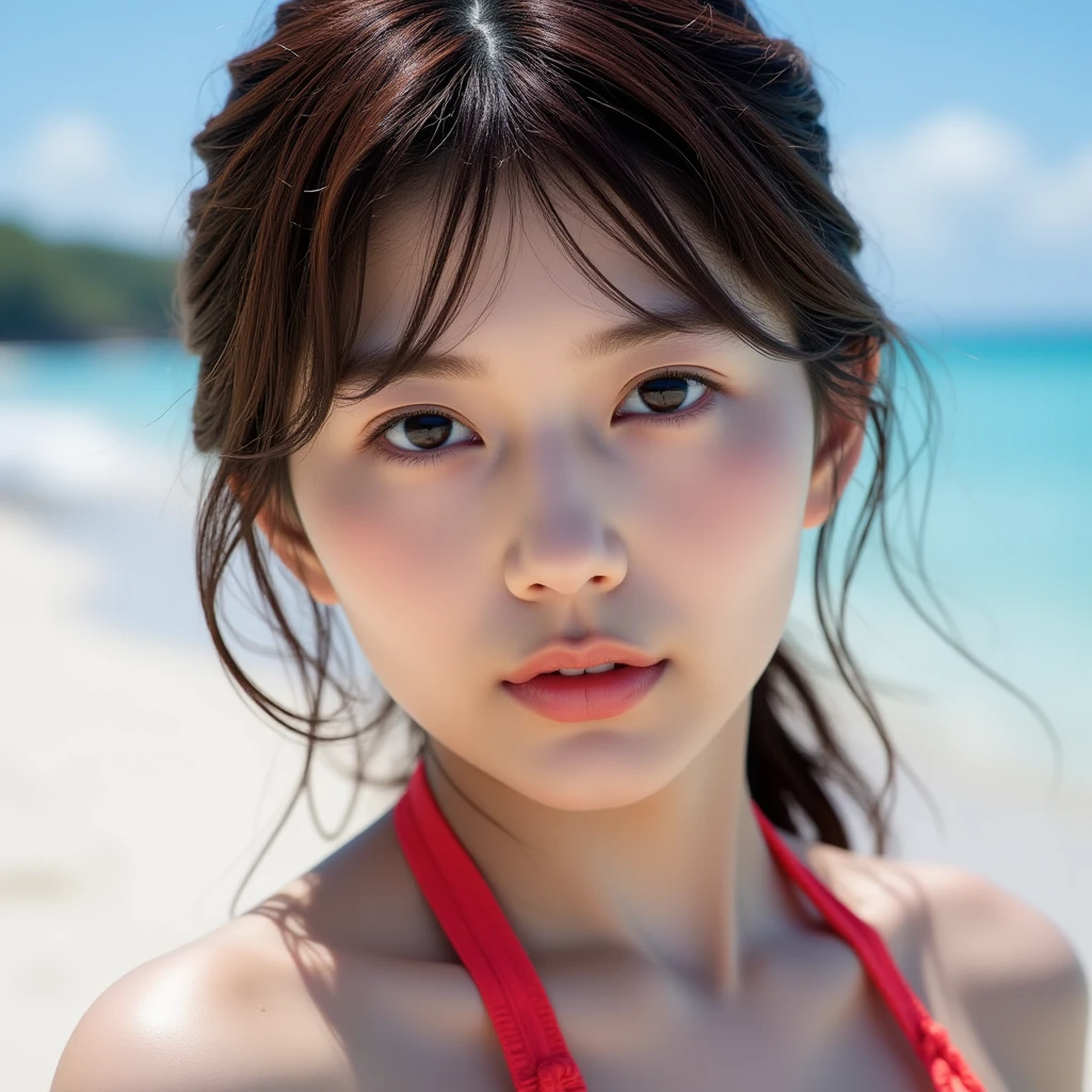 ((masterpiece)), ((best quality)), ((ultra-detailed)),((hyperrealistic)),(japanese cute girl),(shiny skin),1girl,(forehead),black hair,long hair,(black big eyes,tareme,droopy eyes),(small breasts),15 years old,dynamic angle,red bikini,seaside,