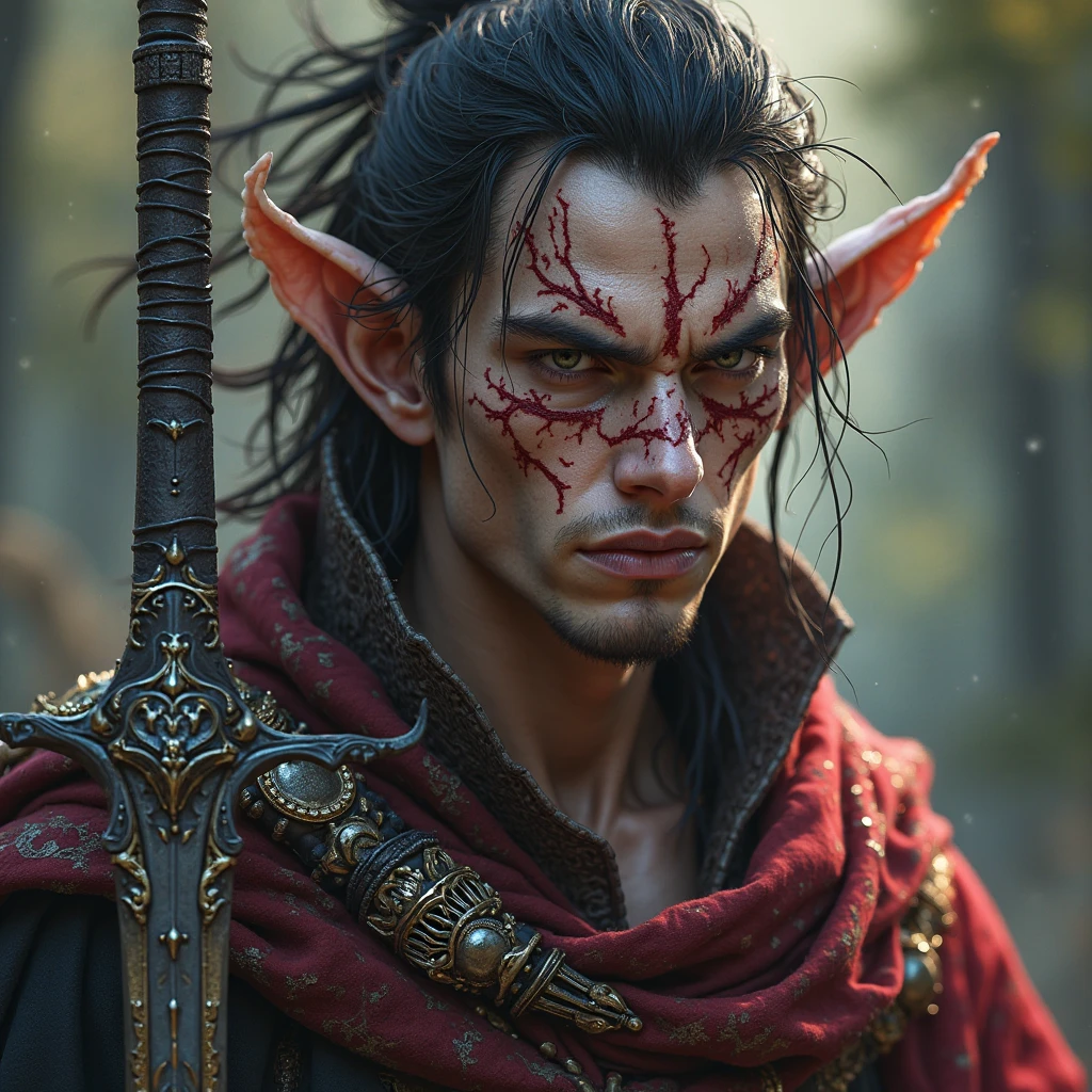 An adult tiefling with light brown eyes, long dark brown hair with braids and a short beard. Magenta-skinned Tom, infernal numbers. Armor made of dark copper.