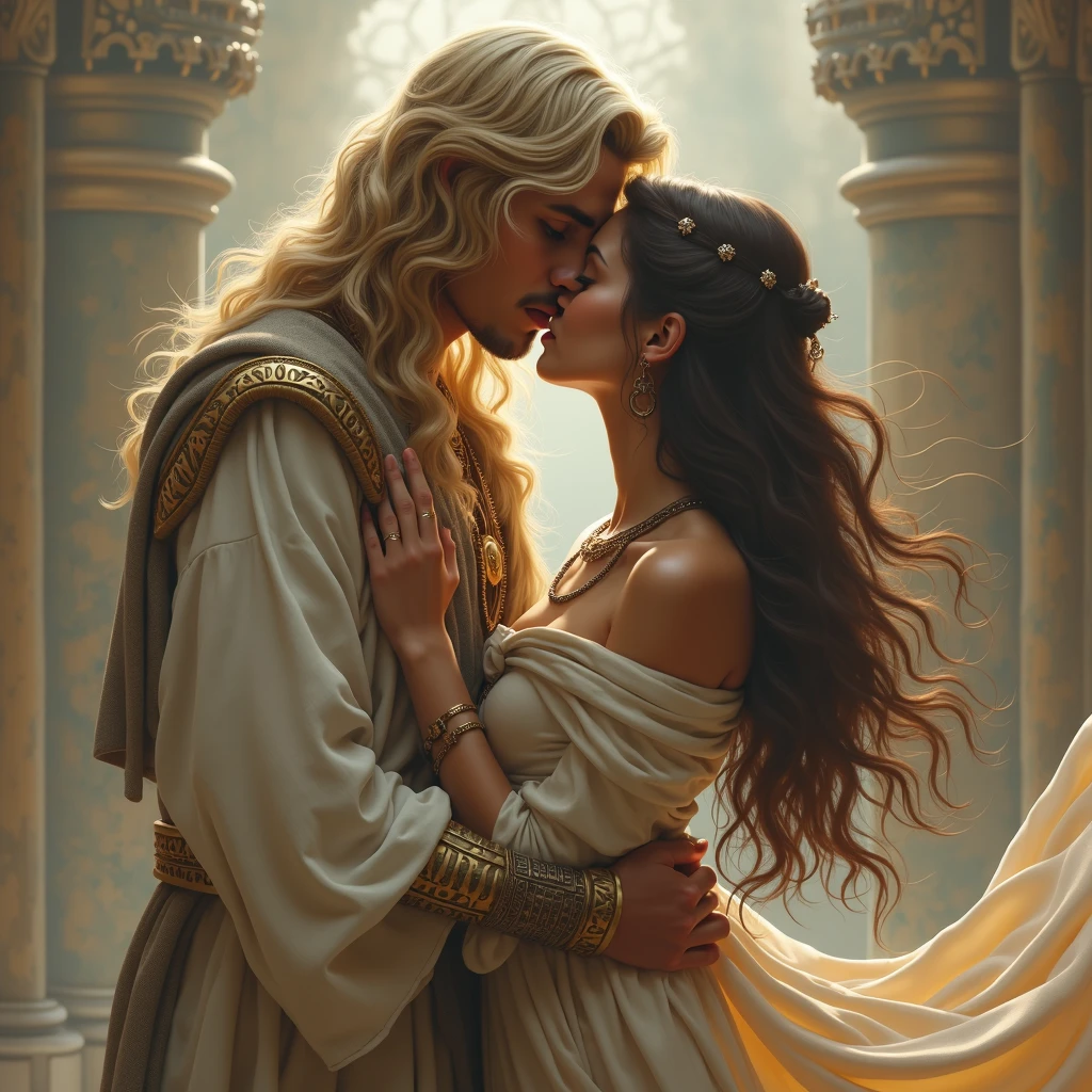 A man and a woman, dresses with Egyptian tunics, lost in a passionate embrace, her lips meeting in a tender kiss. The man is blond, long wavy hair.  it is not possible to see his face. The image is rendered in a dream,  ethereal style , capturing the essence of love and intimacy. The background is a soft, , creating a sense of depth and mystery. The man has long blond hair. The woman has long brown hair in waves.

[A romantic portrait capturing the essence of love and intimacy, reminiscent of the work of Greg Rutkowski], [macio, diffused lighting, highlighting the textures of the couple's skin and hair, with a blurred background, creating a sense of depth and mystery. The colors are muted and ethereal, evoking a sense of romance and longing.]
