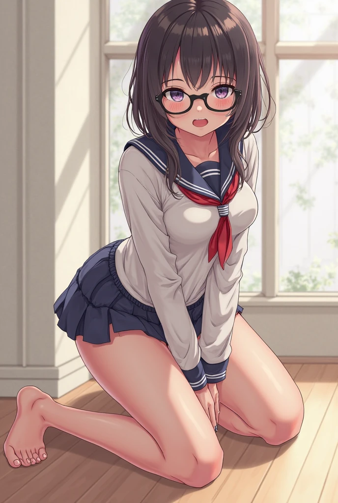 1girl,classroom,glasses,braid,uniform,miniskirt,socks,sitting on chair,(((,white panties))),,open legs,spread legs,looking away