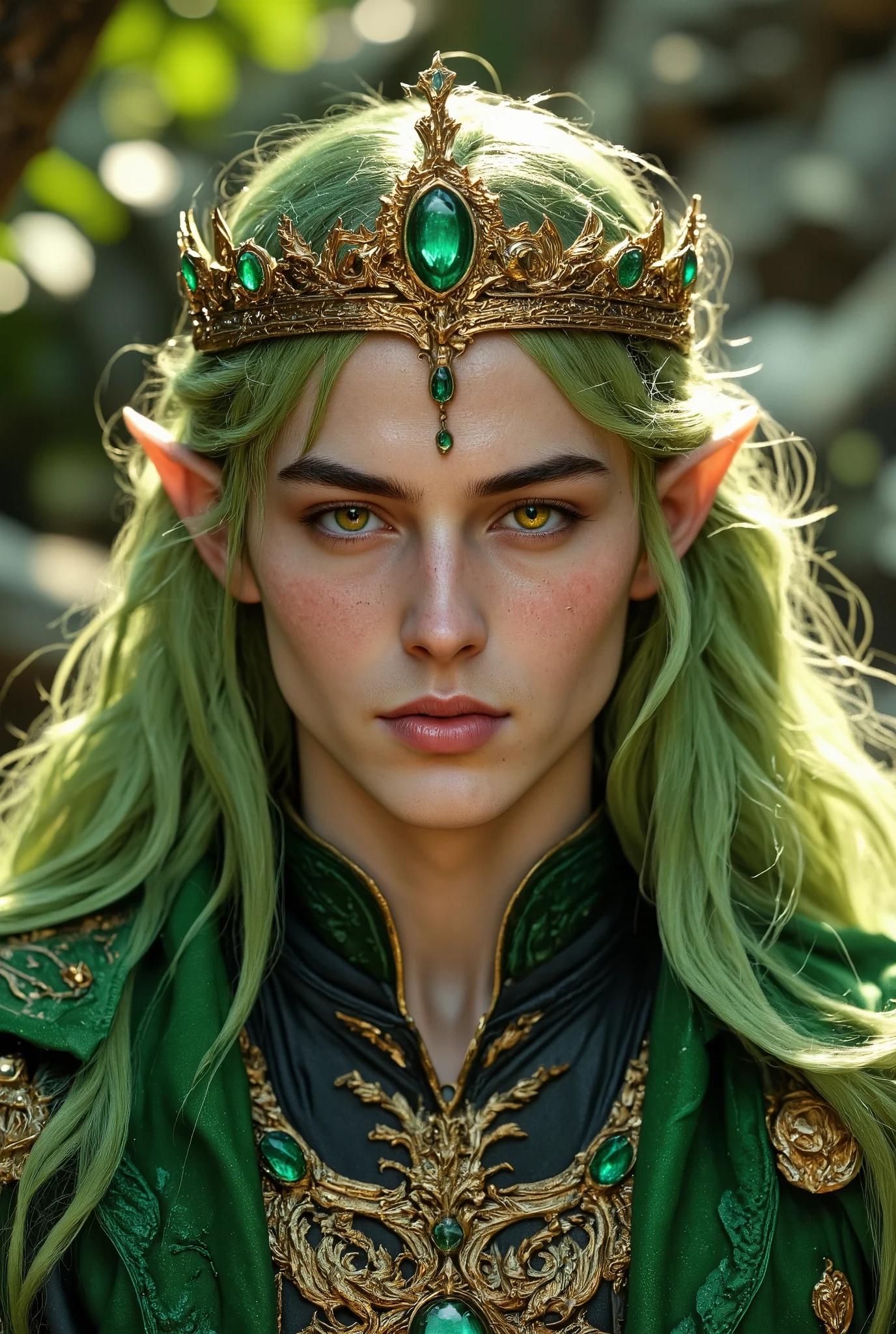 Elf's Long Earsの絶世美男子は緑金髪mullet髪((beautiful green blonde hair with long mullet hair))Elf's Long Ears((very, very large, hanging golden eyes))is a man who is very thin and skinny((White-skinned 30-year-old male with smooth chin1people))Precise hands and fingers and a beautiful face(A 30-year-old man with beautiful, smooth white silk skin is Prince of the Wind)Luxurious and Very Tall Crown、Luxurious Gemstone Necklaces、Luxurious Gemstone Earrings(A 30-year-old noble prince who closes his mouth)Look at Viewer((luxurious medieval aristocrat green fantasy costume with detailed pattern))very big, beautiful golden eyes、DYNAMIC POSE