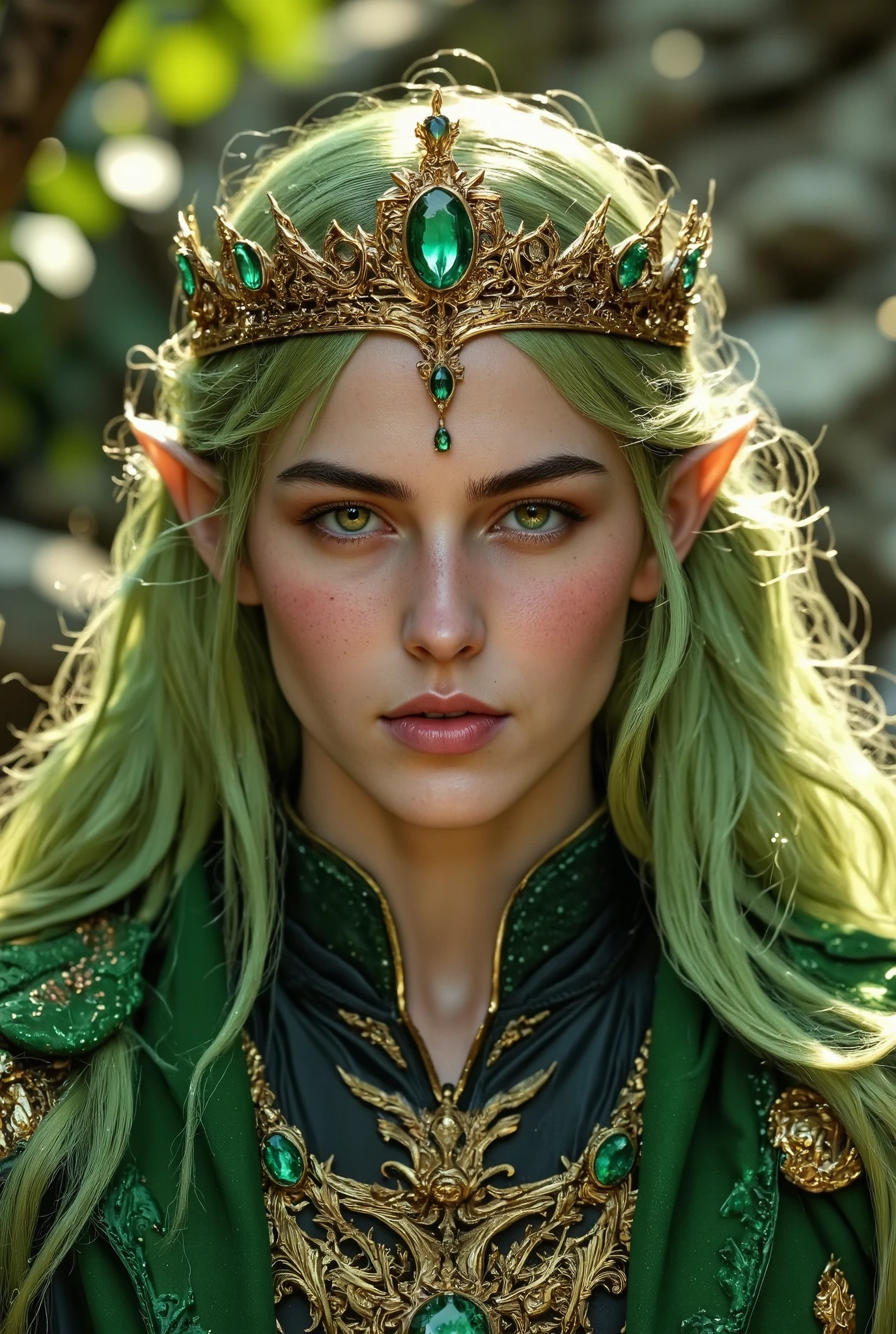 エルフの長耳の絶世美男子は緑金髪でBeautiful white skin豪華でとても高さのある王冠、Luxurious Gemstone Necklaces、Luxurious Gemstone Earrings(A 30-year-old noble prince who closes his mouth)very big, beautiful golden eyes、Beautiful white skin