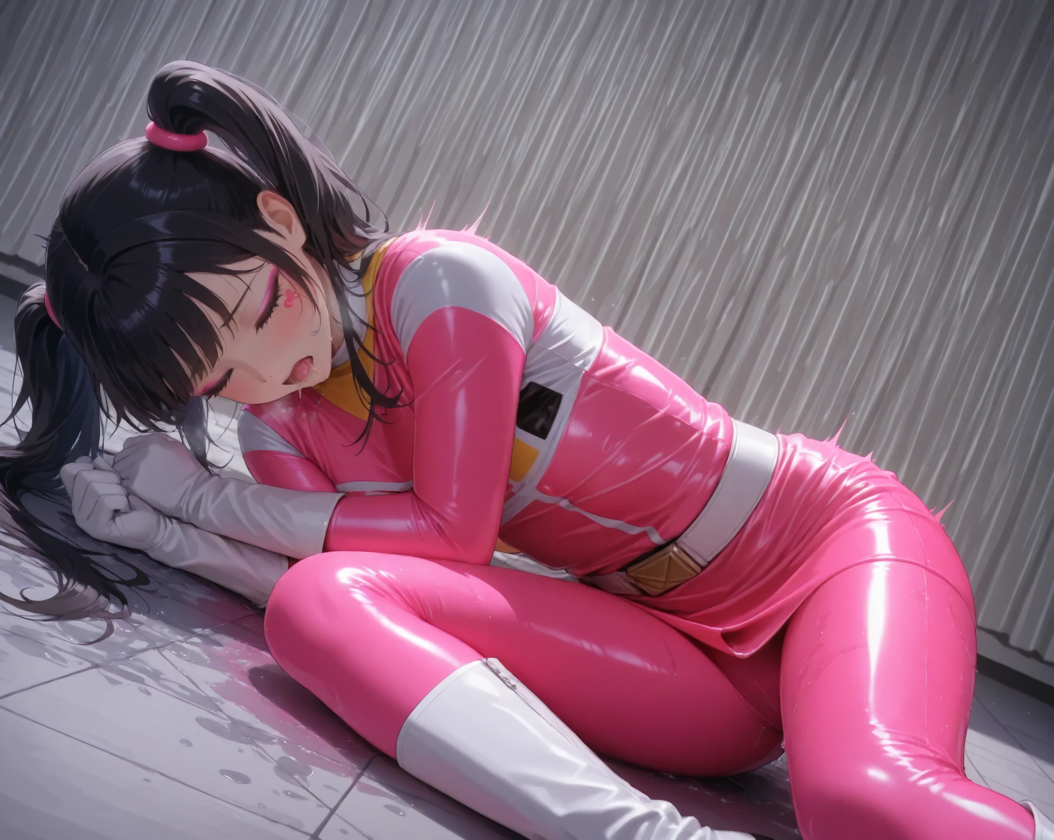 (in 8K、超A high resolution、Best Quality、masutepiece、Beautiful face)、(((woman with deep ebony skin:1.5)))、(((Attach pink pig ears to your head:1.4)))、(((woman wearing a brown leotard:1.4)))、(((I'm lying on my back on a platter..:1.6)))、(((Photograph seen in its entirety from directly above)))short-hair
