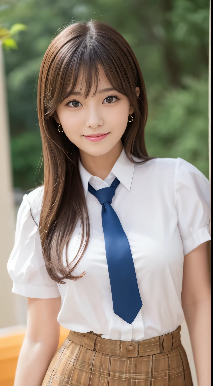 ((Best Quality)), ((masutepiece)), (Detailed), perfect face 1girl, solo, souryuu asuka langley, school uniform, watch, wristwatch, blue eyes, long hair, skirt, hand on hip, smile, brown hair, open mouth, bag, school bag, gradient background, ribbon, gradient, :d, shirt, two side up, short sleeves, arm up,
