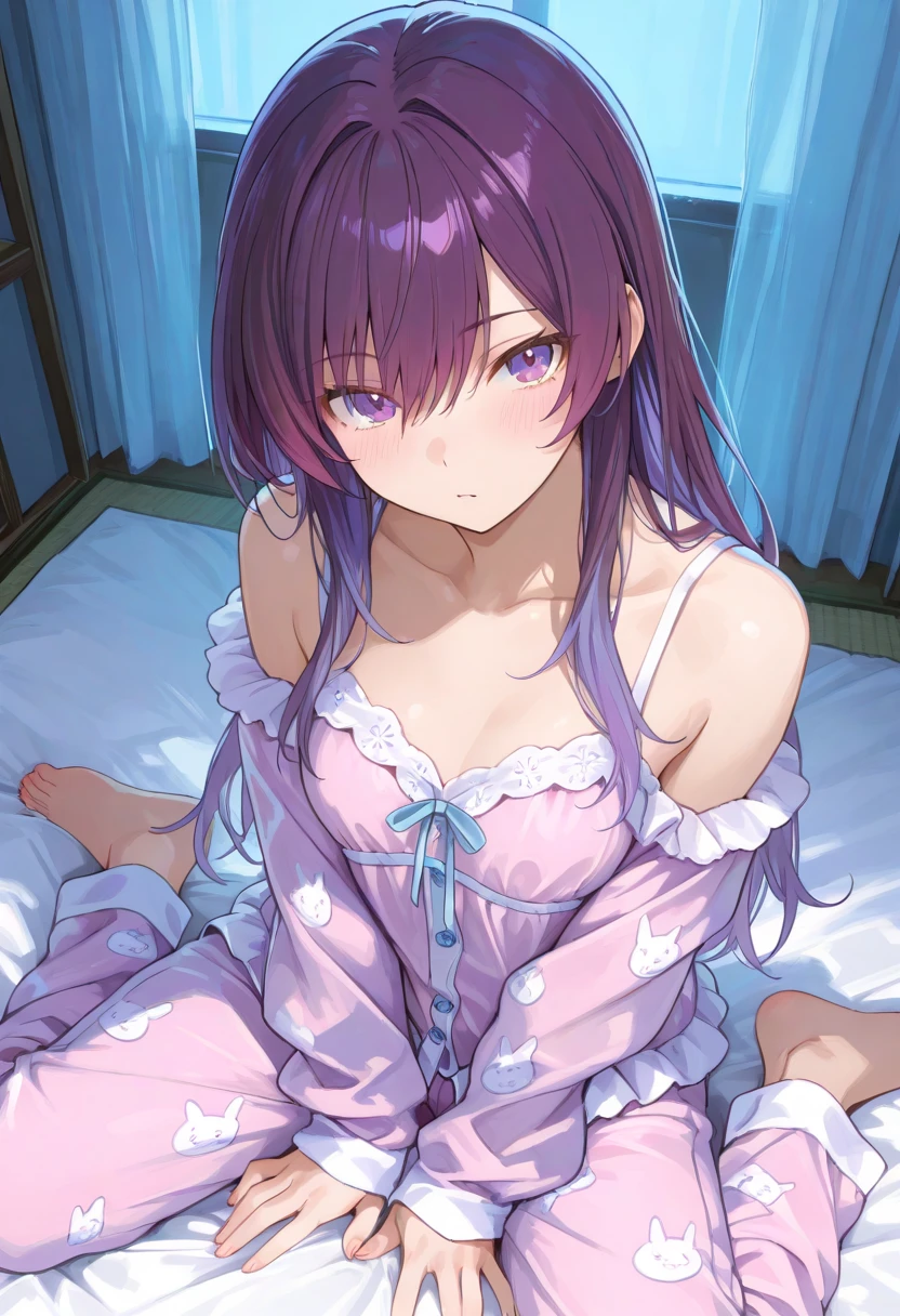 ((top quality)), ((masterpiece)), ( details), medium bust、 blue backlight 、girl、(wariza)、purple hair、Bob 、show me your shoulders、extreme rise、decor、( taken from above)pajamas