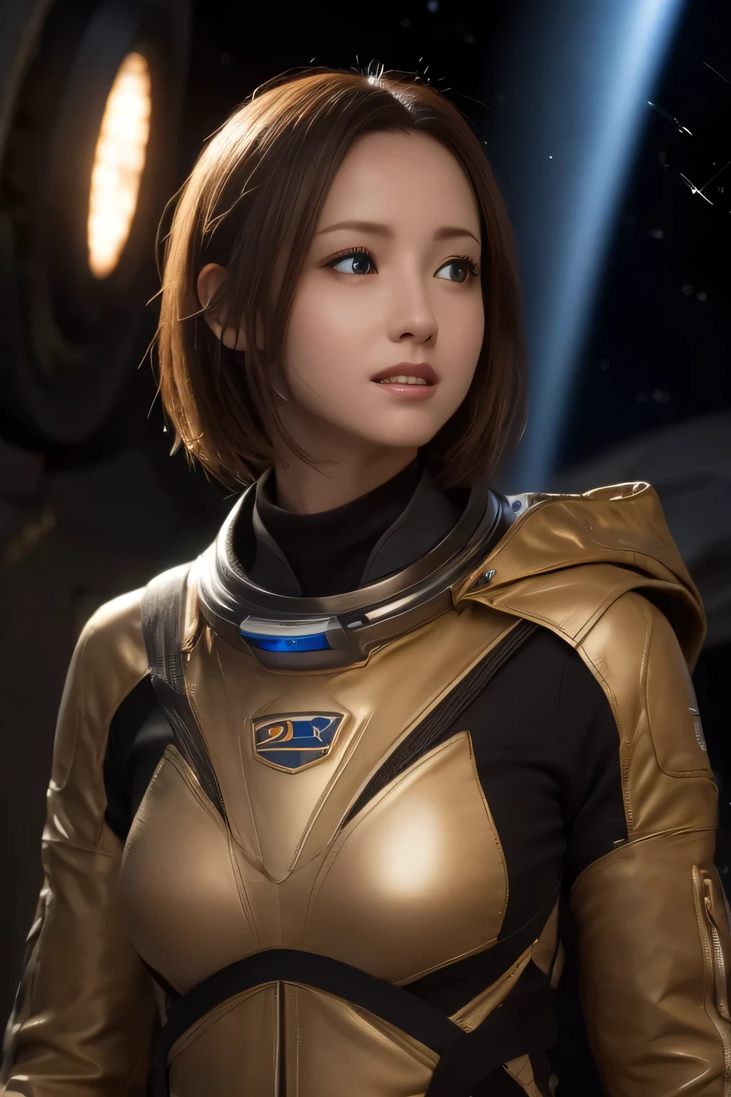 Space ship, captain future, comet, extremely fine and beautiful design, illustration, masterpiece,best quality, high resolution, 8k, sf,space fantasy, extremely beautiful and fain design, extremely fine and beautiful colors, An anime girl with shoulder-length green short hair and warm brown eyes, dressed in a sleek, black-and-yellow space pilot suit with metallic patches on her shoulders. She’s leaning back with her hands behind her head, standing in singing dancing pose, background a planet with visible Universe Galaxy,(RAW Photos, Best Quality), (Realistic, photo-Realistic:1.4), masterpiece, Very delicate and beautiful, Very detailed, 2k wallpaper, wonderful, In detail, Very detailed CG unity 8k wallpaper, Super detailed, High resolution, Soft light, Beautiful detailed girl, Very detailed eyes and face, Beautifully detailed nose, Beautiful detailed eyes,Cinematic Lighting,Perfect Anatomy,Slender body,smile,extremely fine and beautiful colors, extremely beautiful and fain design,amazing sapraizz, dynamic production