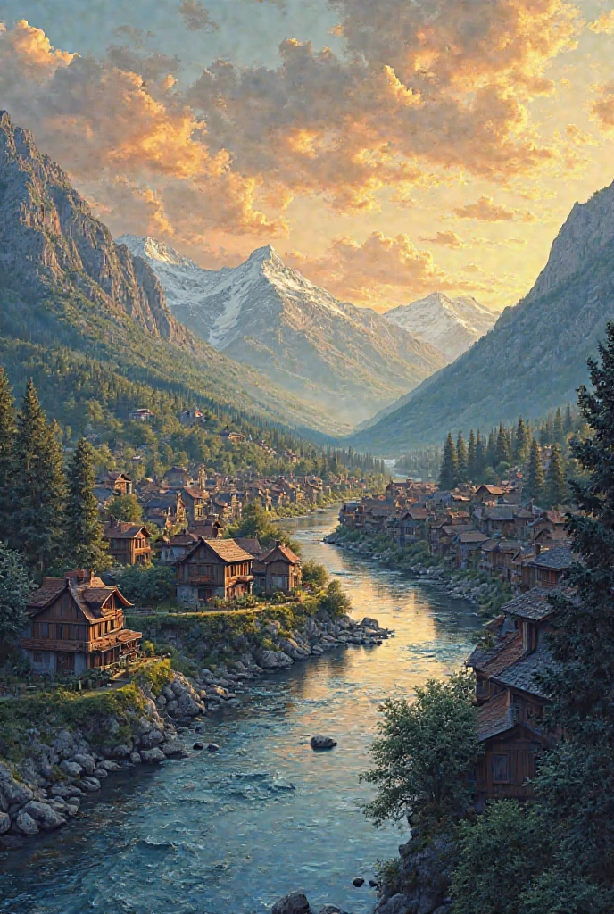 Draw a big village with a river in the middle of that village showing it from bird’s eye view show the rooftops of the houses and make streets with trees make some hills and snowy mountains in the back ground make it in sunset golden hour lights make the sky full of clouds 