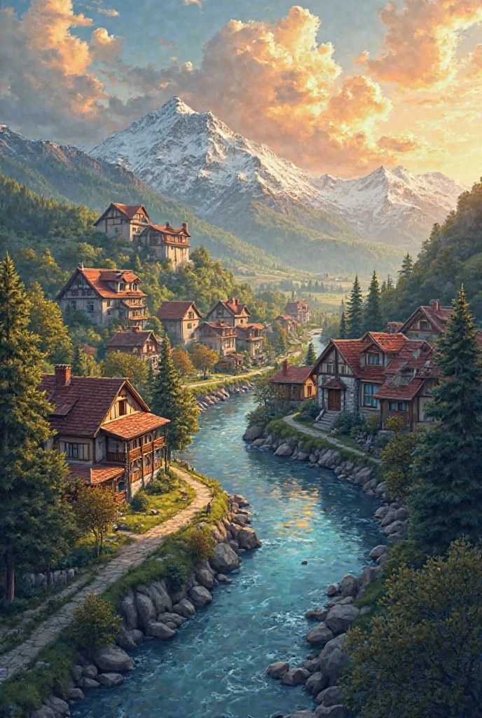 Draw a big village with a river in the middle of that village showing it from bird’s eye view show the rooftops of the houses and make streets with trees make some hills and snowy mountains in the back ground make it in sunset golden hour lights make the sky full of clouds 
