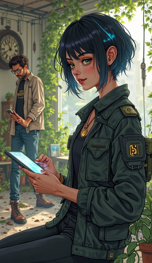 Creates a High Quality HD, kinetic watercolor with fading edges, the initial garage, now full of plants that climb through the machines turned off, in the foreground Zara Zara  (24 years old, oval face, thin and expressive eyebrows ,  straight nose, thin lips with a slight stretch of permanent concentration, jet black hair, short in asymmetric layers (left side longer than the right), with blue electric highlights on the tips, almond-shaped eyes, dark hazel color, with digital reflections (tiny binary codes visible when approaching), Skin color Light gray tone, he wears a black shirt and a tight cyberpunk jacket with LED panels on his shoulders (show alerts for Chronos), black cargo pants with pockets full of miniature tools, fits modified military boots with holographic magnetic sole, he wears a necklace an old USB chip and a foldable neural helmet on his left wrist) draws on a tablet. In the background Leo (26 years old, square face chair, well-groomed three-day beard, small scar on the right cheek (memory of an archaeological adventure), Sarcastic smile, wavy brown hair, with a stripe on the left side, premature gray at the entrances, intense green eyes, surrounded by digital magnifying lenses (transparent glasses with bronze frames), Skin color Light olive tone, wears beige linen shirt rolled up, on a black t-shirt with a Windy Rose design, Worn jeans with old map patches on the knees, Brown explorer shoes with gold laces)  reads the Greek book. A small sphere in a jar, a clock without hands on the wall, And out, the city shines normally gold... but with a thread in the sky