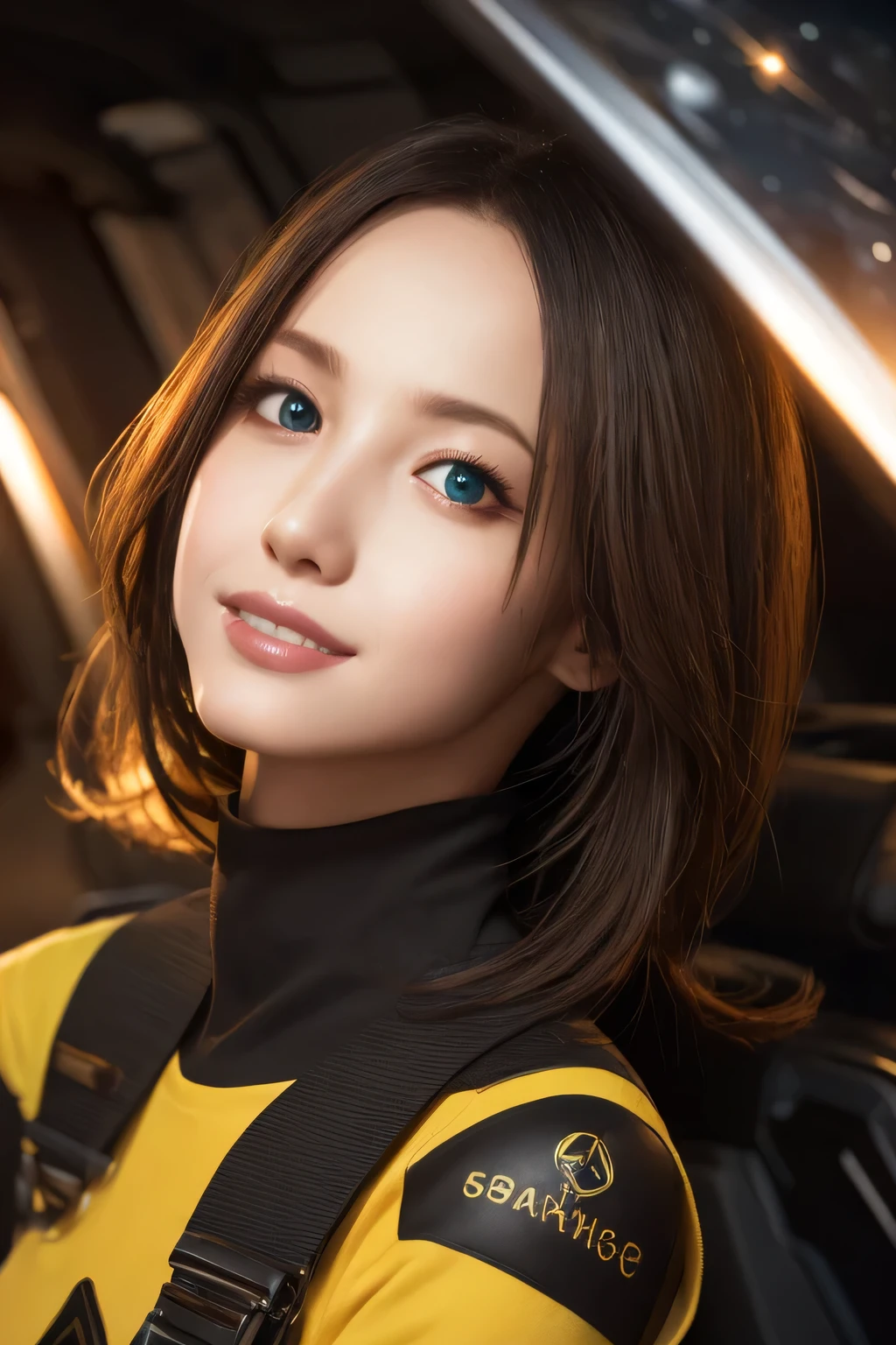Space ship, captain future, comet, extremely fine and beautiful design, illustration, masterpiece,best quality, high resolution, 8k, sf,space fantasy, extremely beautiful and fain design, extremely fine and beautiful colors, An anime girl with shoulder-length green short hair and warm brown eyes, dressed in a sleek, black-and-yellow space pilot suit with metallic patches on her shoulders. She’s leaning back with her hands behind her head, standing in singing dancing pose, background a planet with visible Universe Galaxy,(RAW Photos, Best Quality), (Realistic, photo-Realistic:1.4), masterpiece, Very delicate and beautiful, Very detailed, 2k wallpaper, wonderful, In detail, Very detailed CG unity 8k wallpaper, Super detailed, High resolution, Soft light, Beautiful detailed girl, Very detailed eyes and face, Beautifully detailed nose, Beautiful detailed eyes,Cinematic Lighting,Perfect Anatomy,Slender body,smile,extremely fine and beautiful colors, extremely beautiful and fain design,amazing sapraizz, dynamic production