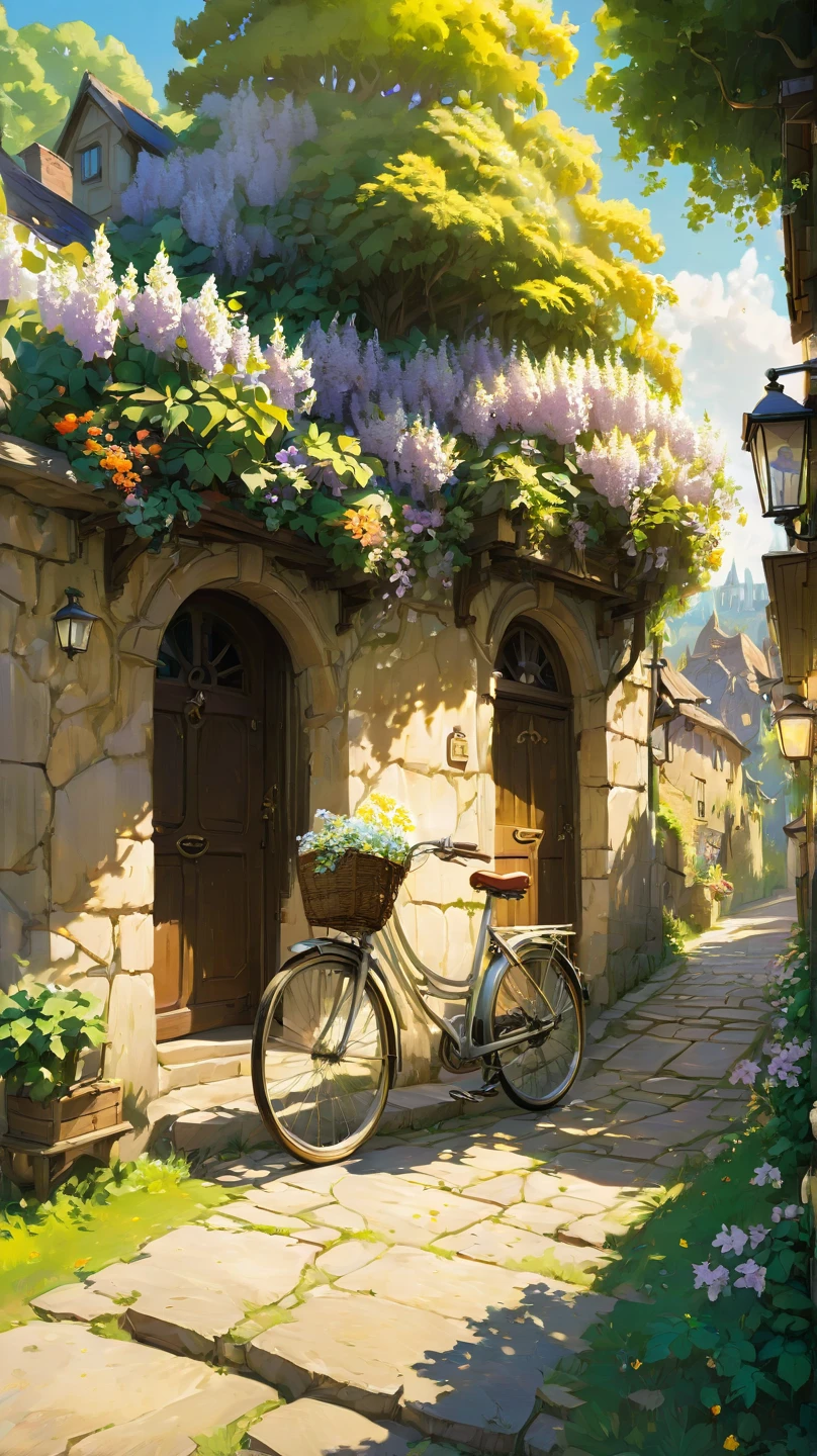 A vintage bicycle leaning against a stone wall covered in wisteria flowers, petals falling gently onto a cobbled path, a sleepy tabby cat resting in the basket, golden sunlight filtering through trees, peaceful European village vibe, Studio Ghibli aesthetic, intricate detail, perfect composition, very calming