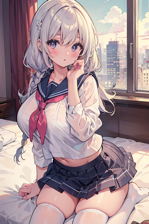 (masterpiece, best quality, highres, absurdres, detailed background, lighting on face, beautiful eyes, shiny hair),
1girl, fashionable clothing, fashion model, looking at viewer, floating, shining, single braid, long hair, hair over one eye, (hair ornament) , earpiece, long hair, ((panties)), white lace, upper body, white hair, large_breasts, action_pose, futuristic, white clothes, school uniform, hotel room, school bag, serafuku, spread legs, wide_angle, wide shot, modern_furniture, bedroom, standing, dutch angle, sit on bed, ikea,