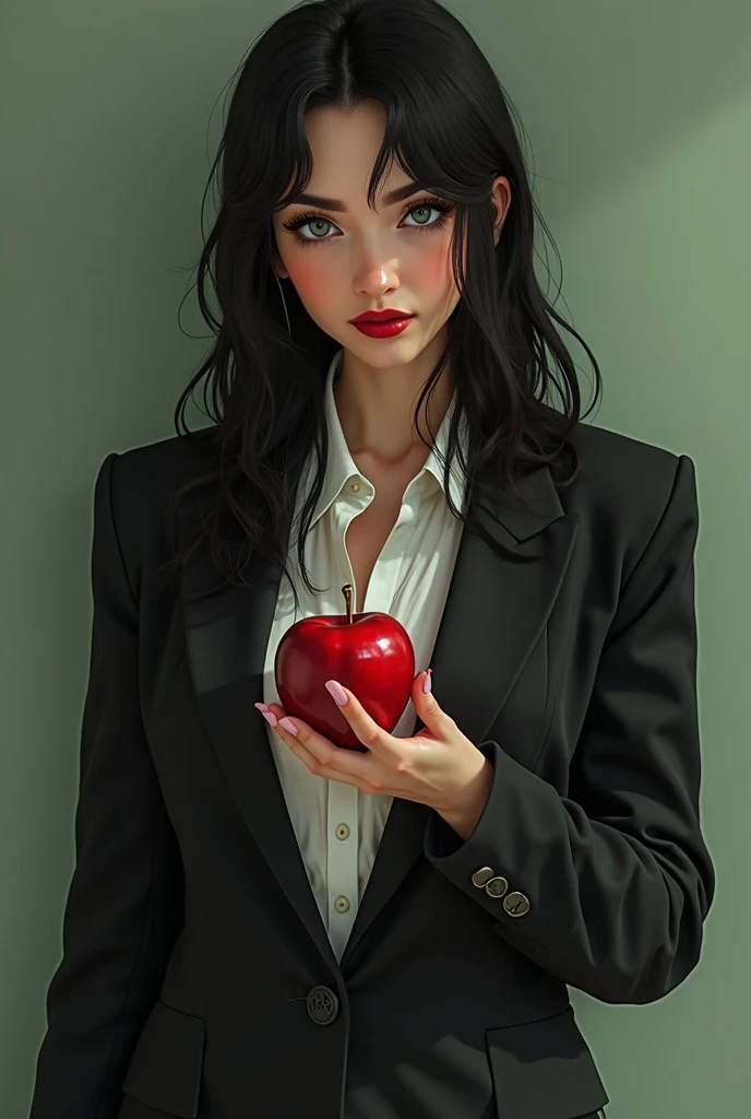  "Modern girl light skin suit brown hair green eyes" ((photo RAW),  absurd, (resolution)), masterpiece, photos, (Extremely detailed 8k unit CG wallpaper), (best illustration), (best shade), realistic lighting, detailed and beautiful shine, (( 21 years old)), chica, long black hair, black queen, accessories, apple in hand, poisoned apples, witch queen, red lipstick, (((Photographic perspective of her)))