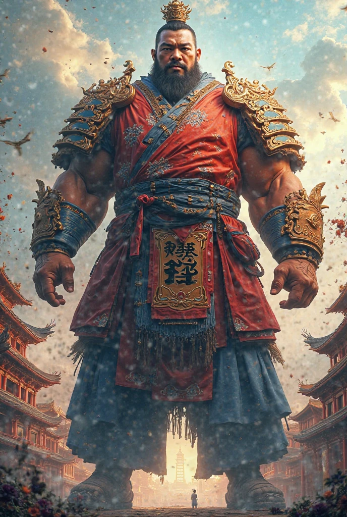 In a bustling castle courtyard, Toyotomi Hideyoshi hoists a large rice bale over his shoulder with ease, his face beaming with pride. The surrounding samurai and retainers watch in awe and admiration."
