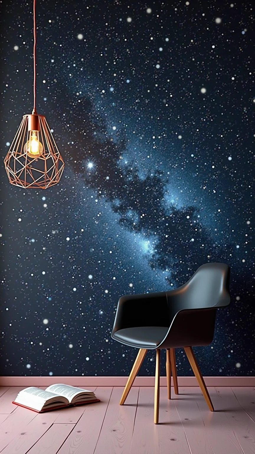 A modern, minimalist interior featuring a striking cosmic wall mural that transforms the space into a visual journey through the stars. The wall is covered with a vivid, high-resolution image of deep space, filled with brilliant stars, glowing nebulae, and a tapestry of blues, purples, and blacks. Points of light sparkle across the entire surface like diamonds against velvet, creating a sense of vastness and wonder that makes the room feel expansive and dreamlike.

In front of the galactic backdrop, a sleek, black mid-century modern chair with wooden legs sits slightly angled. The chair’s seat cradles an open book, as if inviting someone to pause, sit, and lose themselves in both literature and the cosmos. To the left, pale pink hardwood flooring adds warmth and softness to the scene, grounding the otherwise celestial theme in cozy, earthly tones. The flooring reflects subtle light from the ceiling, enhancing the polished, serene atmosphere.

Above the chair, a unique geometric pendant light hangs down, composed of interlocking metal shapes in a rose-gold finish. At its center is an exposed Edison bulb, casting a soft, ambient glow that contrasts gently with the cool tones of the galactic wall. The light fixture’s design evokes a sense of modern artistry, mirroring the stars behind it with its own warm luminescence.

The overall mood is quiet, contemplative, and slightly surreal—a blend of grounded interior comfort with cosmic escapism. The combination of minimalist furniture and maximalist wall design creates a perfect balance, allowing the eye to rest on the singular focal point: the universe itself.

There is no clutter, no distraction—just a quiet space made for thinking, reading, and dreaming. The contrast between the tactile textures of the wood floor and the infinite depth of the space mural enhances the feeling of immersion. The room could be part of a creative studio, a personal reading nook, or a meditation corner in a modern home.

The art style of the sp