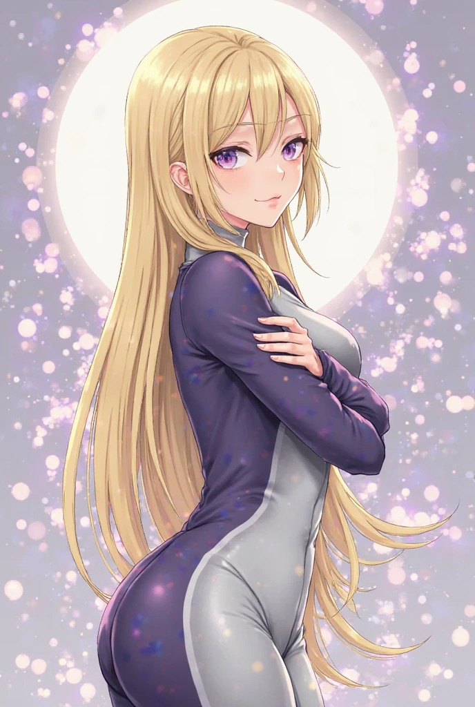 Adult female,long golden hair, purple eyes,hourglass body figure, shirt with no pants