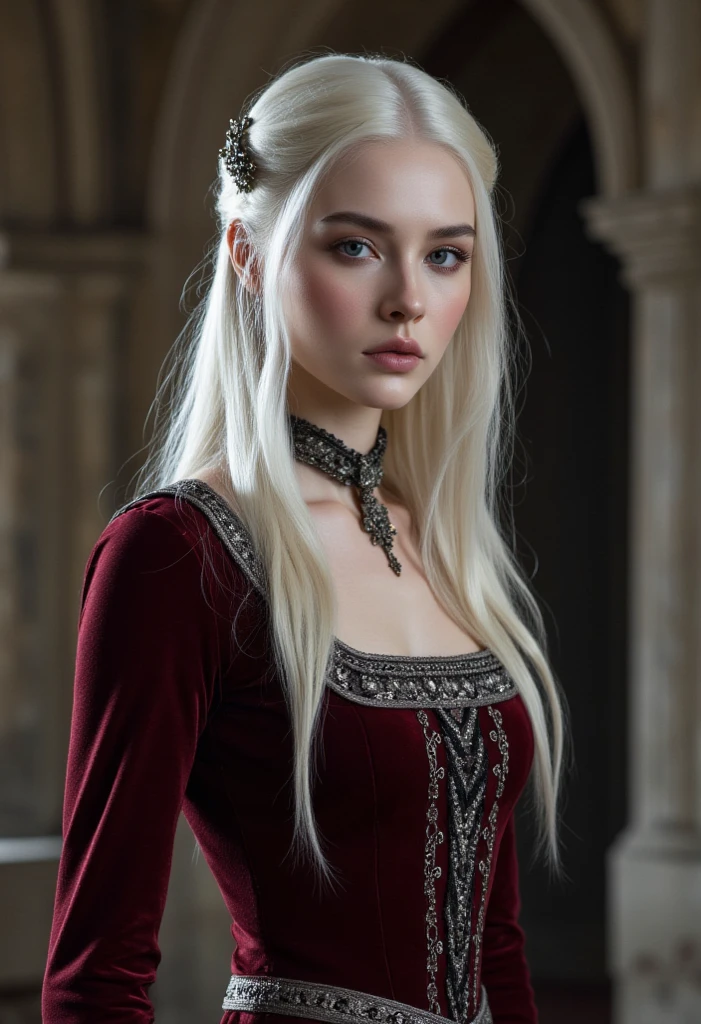 A medieval young beautiful Targaryen princes with platinum blonde hair that falls to her shoulders, each strand shimmering like silver. Her skin is pale and flawless, almost porcelain in texture, with a subtle natural glow. Her violet eyes are striking and intense, gleaming with an otherworldly sharpness that can captivate and unnerve at once, framed by long, dark lashes. Her face is angular and regal, with high cheekbones, a button nose, and full, soft lips. Her beauty is not soft or gentle, but rather an ethereal, intimidating presence that commands attention. Looks mean, intimidating. Wearing a tight, fittend medieval maroon dress with silver accents. Castle interior background. Angular face, sharp features. Medieval game of Thrones era. No makeup