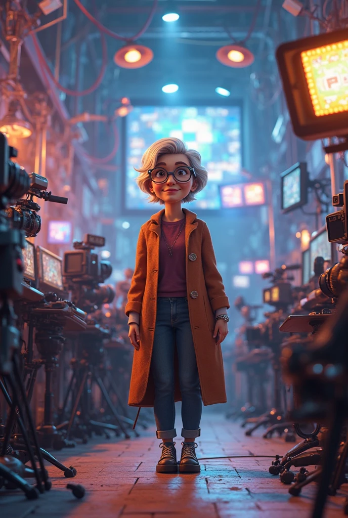 Generate an animated character age woman with short hair, limp, with lenses, taking the role of audiovisual director