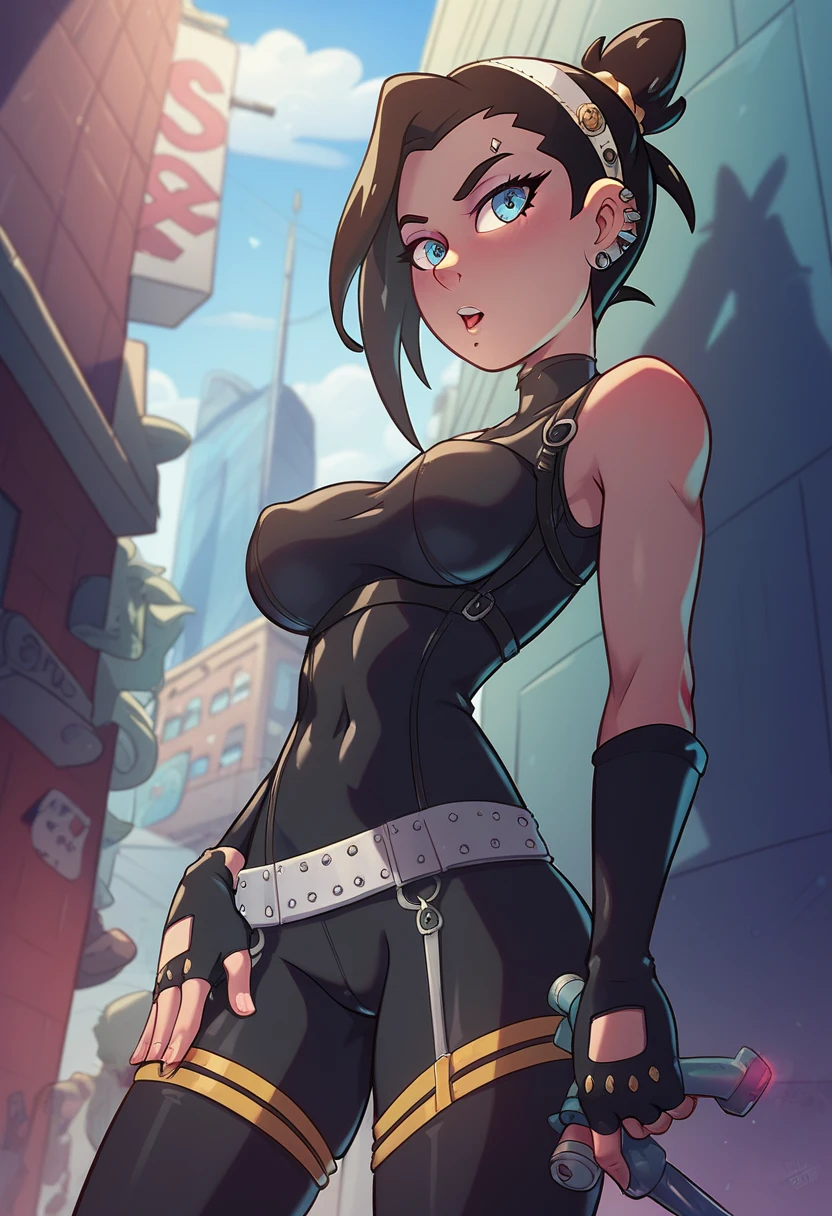 score_9, score_8_above, score_7_above, score_6_above, score_5_above, score_4_above, cowboy shot, partition wall, 1 girl, black eyes, serious expression, angry look, long black hair, ww chain, open legs, arms outstretched, choker:1.6, (white collar button down long sleeve shirt), black gloves, gloves that cover hands, (black leather corset), (shiny black short mini skirt), torn brown stockings, black leather boots, Dungeon, Best Quality, better resolution, 4k HD,
