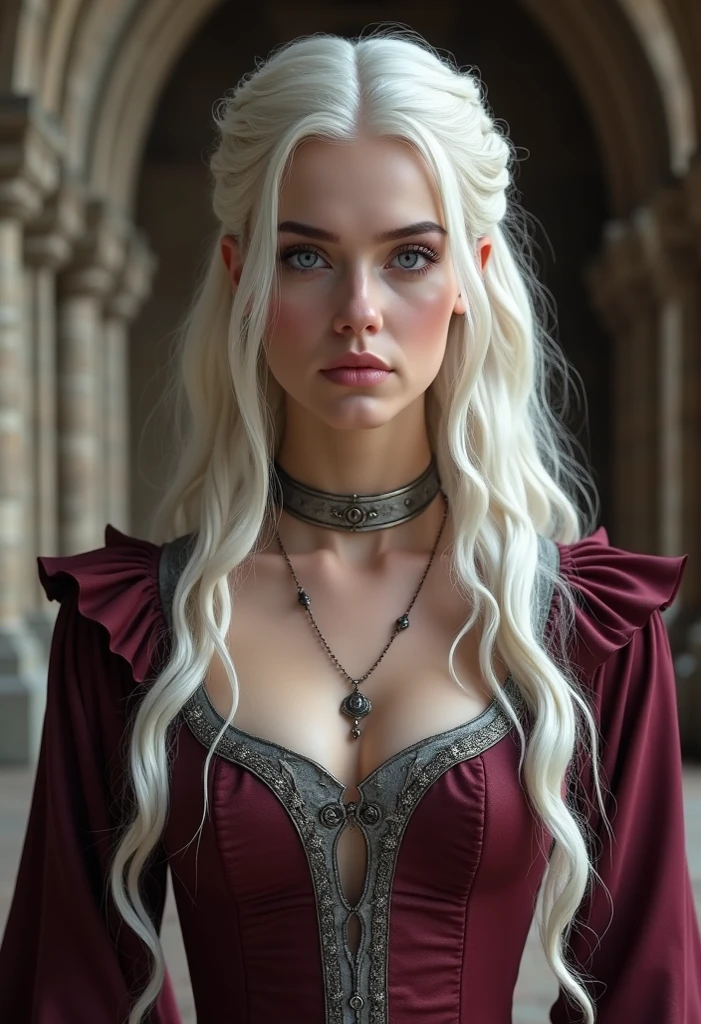 A beautiful woman of House Targaryen, pale skin, fine feature, sharp gaze, long hair, white haired, one braid, show forehead, pearl necklace, Westeros fashion style, tied top, corset, long sleeves, black and red clothes. Outdoors, in the medieval Arabic bazaar. ((Masterpiece, Best Quality, Highest Image Quality, High Resolution, Photorealism, RAW Photos, 8k)),