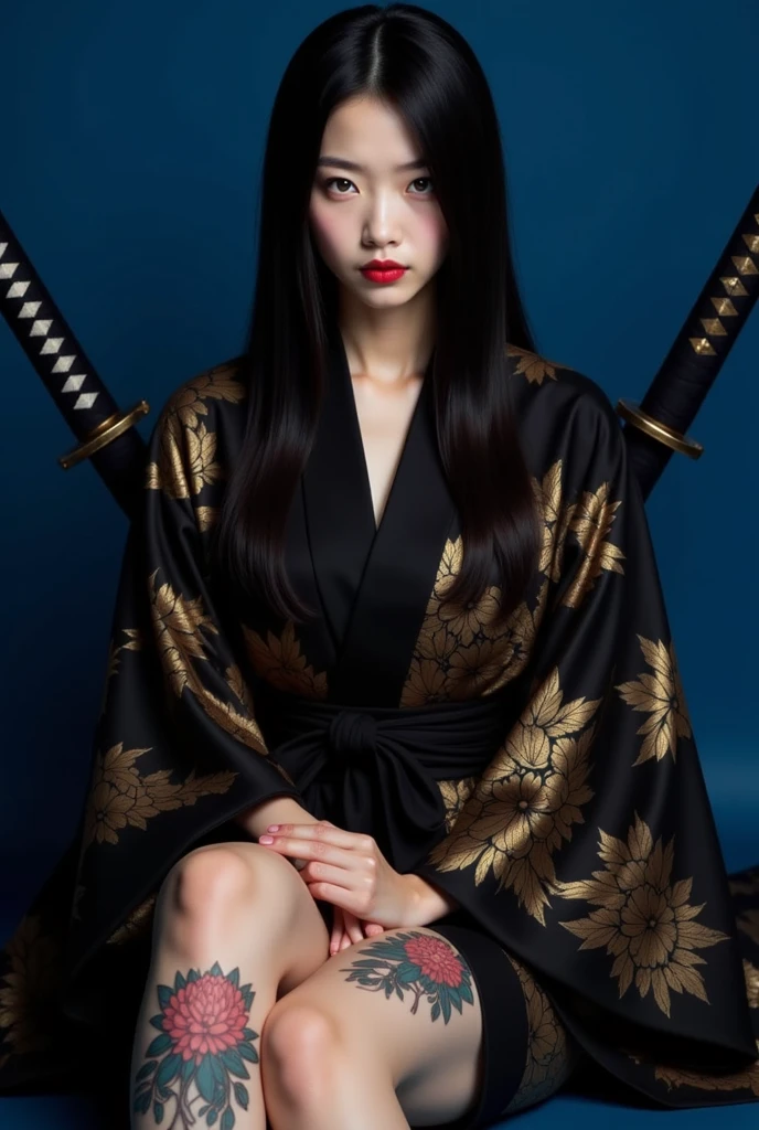 a young woman sitting in a poised and confident manner. She is dressed in a black kimono adorned with intricate golden floral patterns, accentuated by a traditional obi belt tied around her waist. Her long, straight black hair frames her face, and she has a striking expression with sharp features and piercing eyes. The tattoos on her arms and thighs feature artistic floral designs, adding a modern and bold touch to her traditional attire. In the background, two katana swords subtly hint at a connection to Japanese culture and tradition, creating an atmosphere of strength and elegance against a deep blue backdrop.

