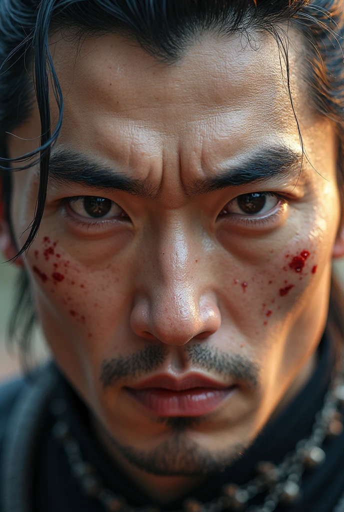 Ultra close-up portrait of a handsome Chinese male warrior with a strong, balanced facial structure and fuller cheeks, featuring a noble yet fierce expression. His skin has a lighter (white) tone, with smooth texture and small, minimal pores, giving a refined and youthful appearance under harsh conditions. His face fills the frame completely — no body or background visible.

His expression is a mix of controlled fury and calm resolve — steel-gray almond-shaped eyes locked forward with quiet intensity. Reflections of war — flames, smoke, and silhouettes — burn subtly in his pupils. His eyebrows are naturally defined and slightly furrowed. His lips are firm, jaw clenched, showing inner tension.

Despite the clean facial features, signs of battle remain: a light sheen of sweat glistens across his forehead and cheeks; faint dirt smudges, minor blood stains, and a few realistic, shallow cuts are present — one near his brow, another across the cheekbone. Strands of jet-black hair stick slightly to his face, wind-swept and damp from battle.

Lighting: Dramatic, directional lighting with warm flickers of fire casting subtle highlights, contrasted by cool ambient shadows to sculpt facial features.
Cinematic Effects: Fine film grain, high dynamic range (HDR) rendering to preserve detail without exaggerating pores or imperfections.
Camera Focus: Extremely shallow depth of field to emphasize eyes, sweat, and emotional expression.

Style Tags: Handsome Chinese male, dark fantasy realism, cinematic ultra close-up, minimal pore texture
Rendering: 8K resolution, photorealistic skin with soft clarity
Post-processing: Subtle film grain, cinematic HDR tone, rich mood with high contrast


