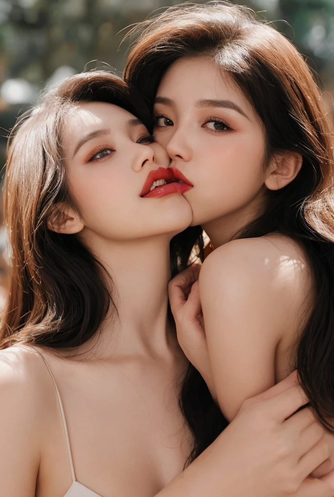 ((Two people kissing)),((masterpiece)),((Highest quality)),((8K)),((Ultra high definition)),((high resolution)),((detailed)),((Perfect body)),((Perfect Face)),((Two beauties)),Are standing,((Lesbian)),((2人のChinaの美女)),((huge breasts:1.4)),(((Two people touching cheeks))),Chinaの美女、((princessの衣装:1.2))、((Very dense makeup))、China美女、Yang Guifei、((Slanted Eyes))、Jet Black Hair、Shiny Hair、Glowing Skin、Super Straight Hair、Long Hair、Bedroom、((royal palace))、((Luxurious room))、((豪華なgoldの髪飾り))、China、gold、((Royal Family))、Yang Guifei、princess、gold、(naked:1.3)
