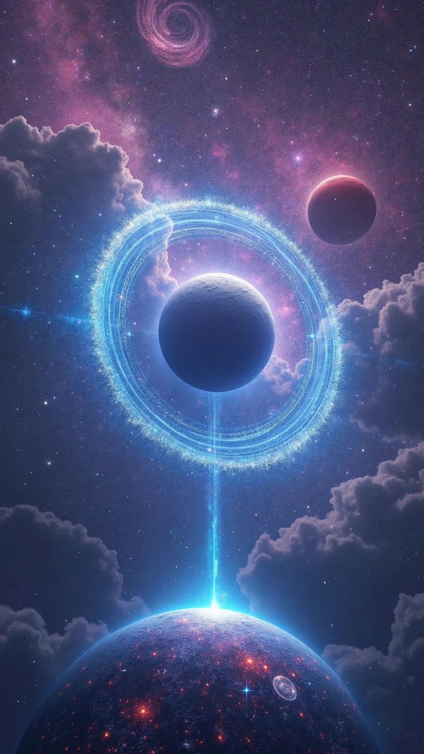 A vivid and awe-inspiring cosmic scene set in the far reaches of the universe, showcasing a massive planet with radiant blue rings suspended in a sea of stardust and nebulae. The central planet is enveloped by a glowing ring system that arcs elegantly around it, made of bright, swirling particles and illuminated by ambient light reflecting off nearby stars. The rings radiate shades of electric blue and violet, creating a visual vortex that draws the eye toward the core of the composition.

In the background, a magenta-hued galaxy spirals through the void, while a distant red planet floats quietly above the scene, half-shadowed and partially obscured by interstellar clouds. The stars in this cosmic expanse twinkle with varied intensity, scattered across the sky in constellations both recognizable and alien. The universe glows in gradients of purple, pink, deep blue, and icy white, resembling a celestial painting stretched infinitely across space.

At the bottom of the composition, the edge of another planet curves into view, its surface glowing with an ethereal sapphire light. A radiant white beam of energy seems to rise from this lower planet, beaming upward into the heart of the scene like a signal or burst of cosmic power. The glow casts a faint iridescent aura across the scene, blending with the surrounding galactic mist to create a sense of motion, energy, and transcendence.

The entire image evokes scale and serenity, capturing the silent grandeur of the cosmos. It feels both peaceful and powerful—still, yet charged with the potential of interstellar phenomena. There are no visible spacecraft or lifeforms, only the magnificent interplay of light, gravity, and elemental wonder.

The art style is hyper-realistic with fantasy overtones, blending scientific accuracy in planetary form with exaggerated colors and lighting to emphasize wonder and dreamlike surrealism. This scene feels like a moment from a distant galaxy, a pause in the endless ballet of celestial bodi