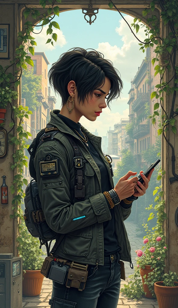 Creates a High Quality HD, kinetic watercolor with fading edges, the initial garage, now full of plants that climb through the machines turned off, in the foreground Zara Zara  (24 years old, oval face, thin and expressive eyebrows ,  straight nose, thin lips with a slight stretch of permanent concentration, jet black hair, short in asymmetric layers (left side longer than the right), with blue electric highlights on the tips, almond-shaped eyes, dark hazel color, with digital reflections (tiny binary codes visible when approaching), Skin color Light gray tone, he wears a black shirt and a tight cyberpunk jacket with LED panels on his shoulders (show alerts for Chronos), black cargo pants with pockets full of miniature tools, fits modified military boots with holographic magnetic sole, wears panels a necklace with an old USB chip and a foldable neural helmet on his left wrist) draws on a tablet. In the background Leo (26 years old, square face chair, well-groomed three-day beard, small scar on the right cheek (memory of an archaeological adventure), Sarcastic smile, wavy brown hair, with a stripe on the left side, premature gray at the entrances, intense green eyes, surrounded by digital magnifying lenses (transparent glasses with bronze frames), Skin color Light olive tone, wears beige linen shirt rolled up, on a black t-shirt with a Windy Rose design, Worn jeans with old map patches on the knees, Brown explorer shoes with gold laces)  reads the Greek book. A small sphere in a jar, a clock without hands on the wall, And out, the city shines normally gold... but with a thread in the sky