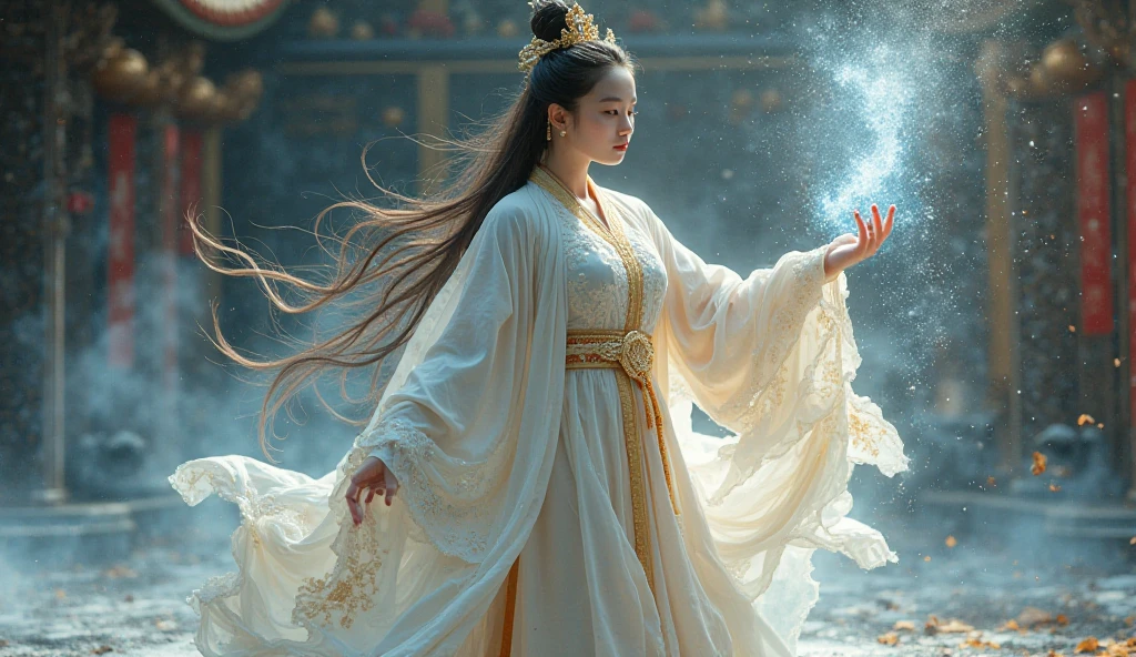 A beautiful asian woman with light delicately filtering through her hair, a light white veil covering from nose to chin