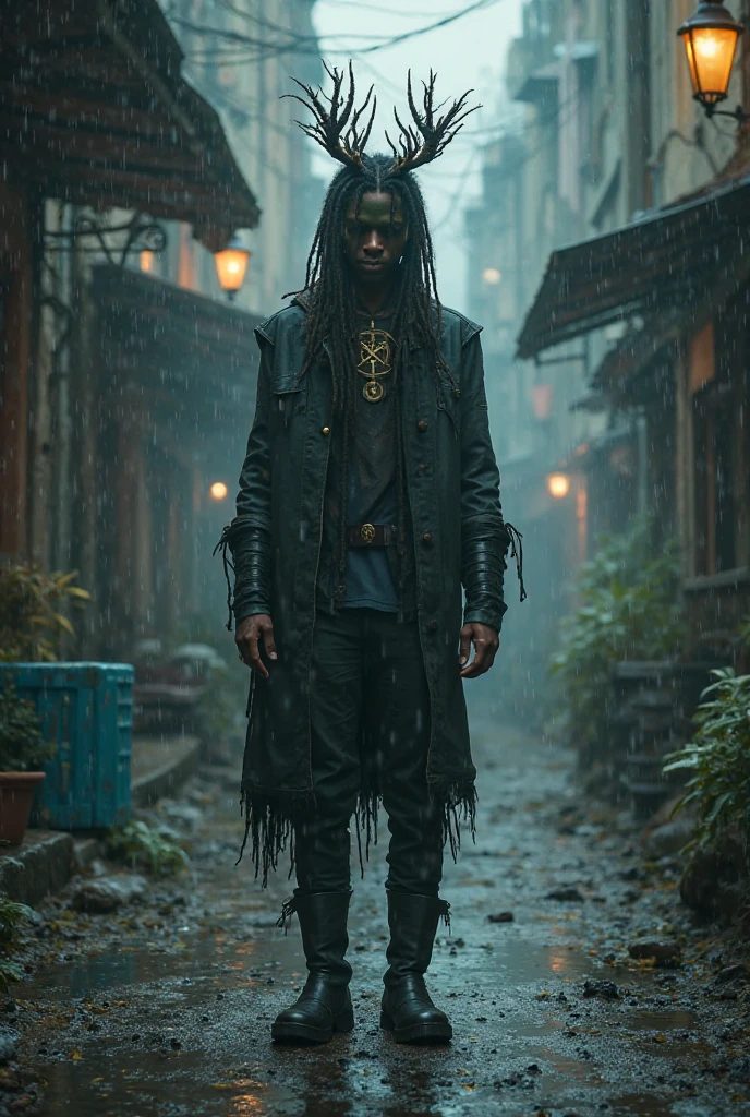 Rainy streets. Static flicker. Vintage frequencies. Sacred symbols. Raw textures.
You in the shadows or standing in nature—rain on locs, black boots in the mud, a crown you made yourself.