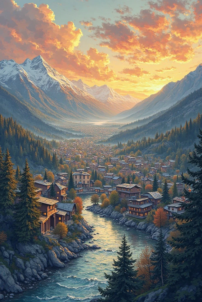 Draw a big village with a river in the middle of that village showing it from from a very high point of view show the rooftops and streets visible of the houses and make streets with trees make some hills and snowy mountains in the back ground make it in sunset golden hour lights make the sky full of clouds draw in market illustration style