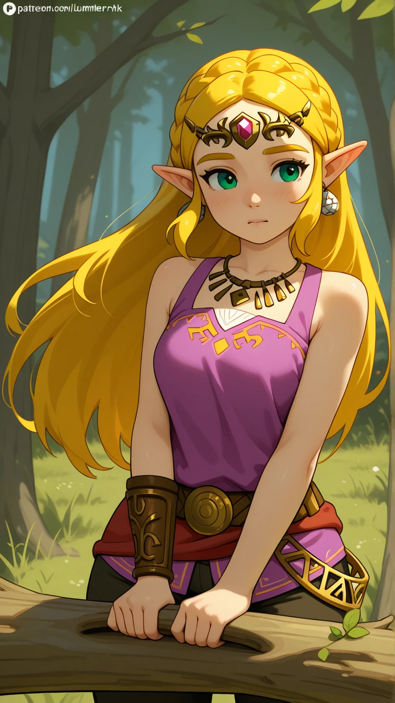 Princess Zelda from The Legend of Zelda as a lumberjack, Natural lumberjack hair, natural skin and eyes of a lumberjack, Wearing lumberjack clothes, Zelda working as a lumberjack on site for this job