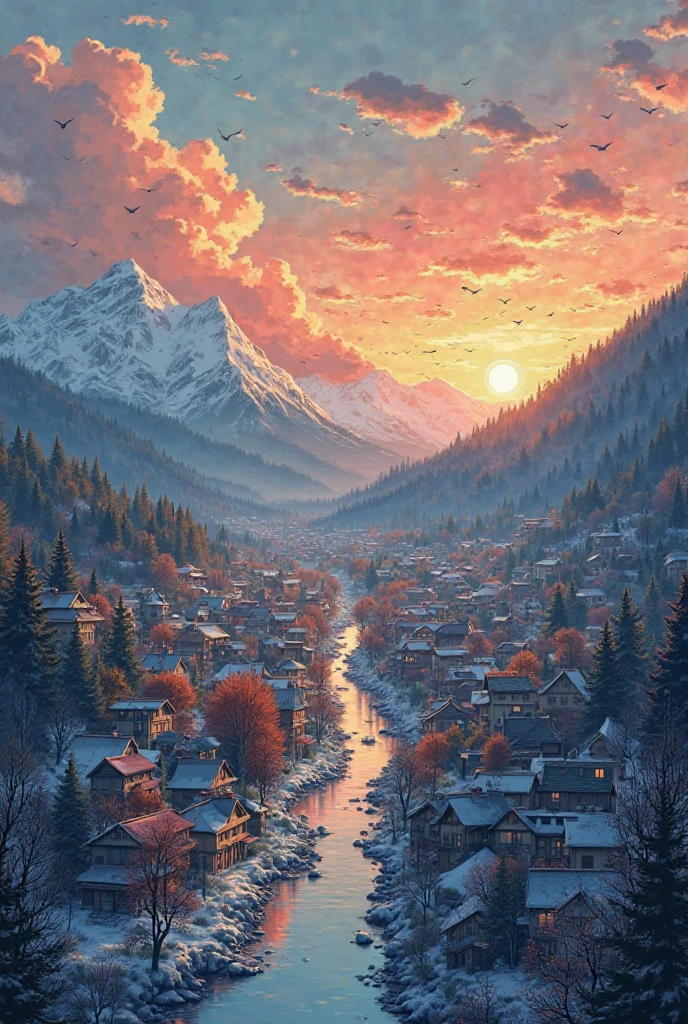 Draw a big village with a river in the middle of that village showing it from from a very high point of view show the rooftops and streets visible of the houses and make streets with trees make some hills and snowy mountains in the back ground make it in sunset golden hour lights make the sky full of clouds draw in market anime retro vintage style