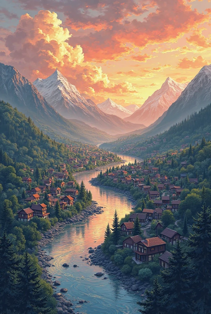 Draw a big village with a river in the middle of that village showing it from from a very high point of view show the rooftops and streets visible of the houses and make streets with trees make some hills and snowy mountains in the back ground make it in sunset golden hour lights make the sky full of clouds draw in market anime retro vintage style