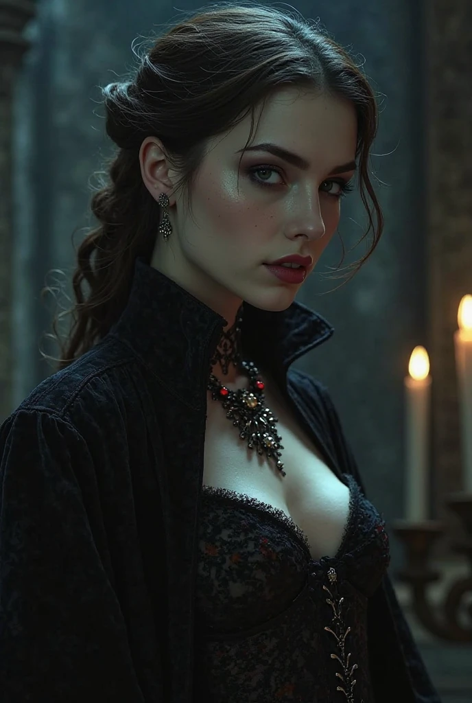 Masterpiece, Ariel Lilit A, high detail plunging sexy gothic dress, intricately detailed background, (UHD, 8K wallpaper, High resolution), Cinematic lighting, award-winning, extremely detailed skin, extra detailed face, high detail eyes, photo-realistic, Zeiss 85 mm F/1.4, by Ellen von Unwerth
