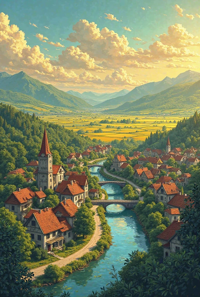 Draw a big village with a river in the middle of that village showing it from from a very high point of view show the rooftops and streets visible of the houses and make streets with trees make green fields everywhere and yellow wheat fields here and there in the back ground make it in sunset golden hour lights make the sky full of clouds draw in market anime retro vintage style