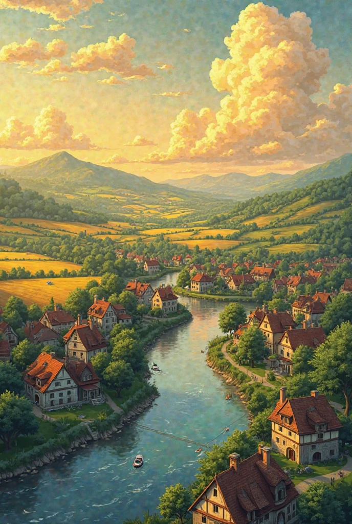 Draw a big village with a river in the middle of that village showing it from from a very high point of view show the rooftops and streets visible of the houses and make streets with trees make green fields everywhere and yellow wheat fields here and there in the back ground make it in sunset golden hour lights make the sky full of clouds draw in market anime retro vintage style
