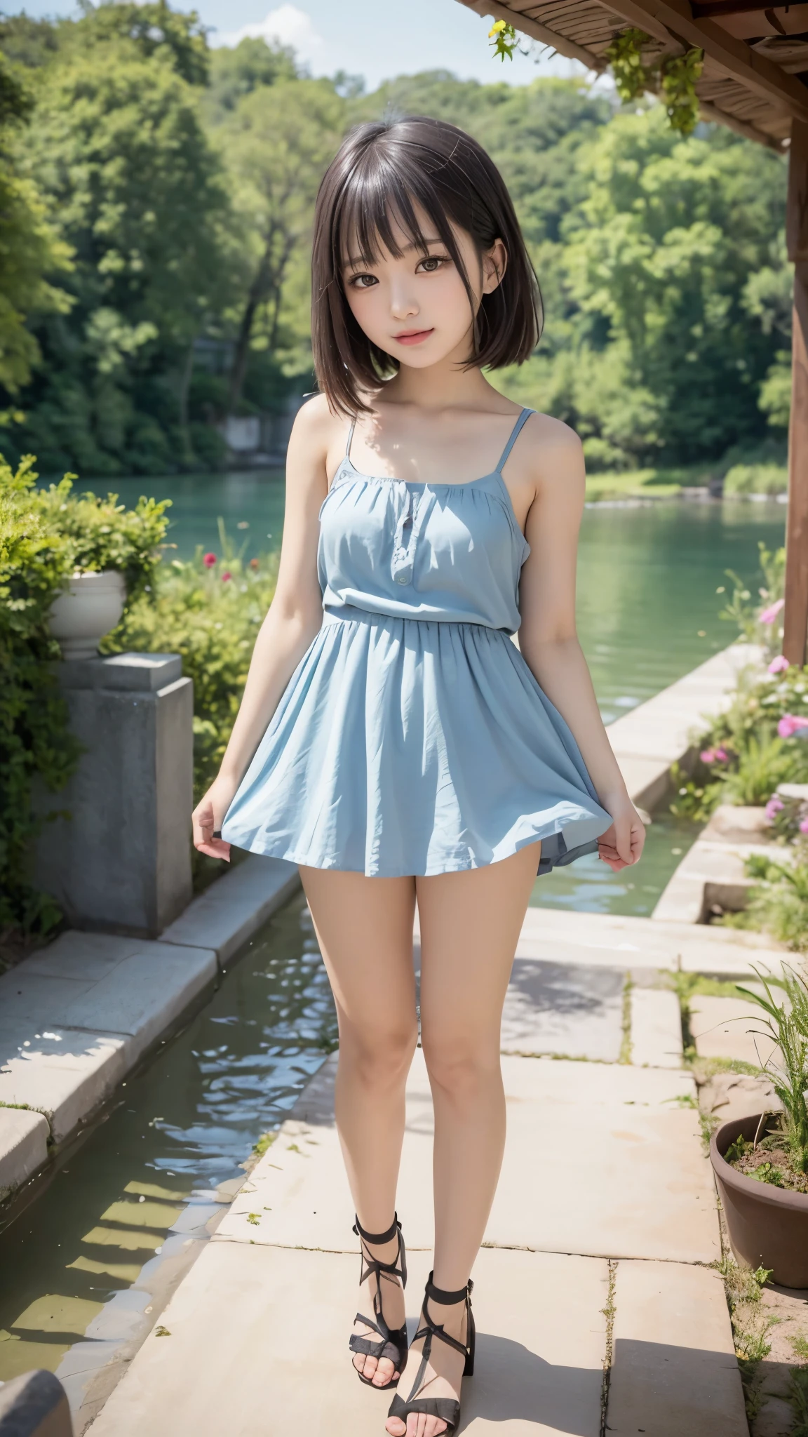((full body))、(Transcendental Cute Beautiful Girl、Baby Face、Young Face、idol faces)、slender body、Small beautiful breasts、thin thighs、Transcendental cute miniskirt dress、 small nice ass、cute face、Beautiful nose、Moist Duck Mouth、fantastic scenery、top quality、8K、 RAW photos 、reality、Ultra Fine、(perfect anatomy)