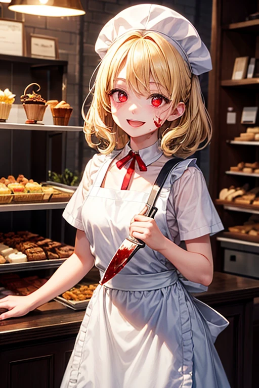 Lena Ryugu, Ryugu Rena, Orange Hair, short hair, Incredibly large purple eyes,
BREAK Beret, black thighs, bow, bowtie, dress, Have, puffy short sleeve, Puffy sleeves, Holds a large machete in his right hand, white dress, zettai ryouiki, (Small breasts:1.2),Brown long boots,Standing on a rubbish pile of old electrical appliances, ((Garbage disposal plant,Standing on a pile of home appliances and garbage bags)), Turn around.,Creepy Laughter, Dead Eyes,Psychopath horror、Bloodstained、Drops of blood,Spooky、murder scene, Serial killer, bathed in blood,Clothes with blood on them,BREAK has blood on his cheeks and hands... (Tabletop:1.2), Highest quality, High resolution, unity 8k wallpaper, (figure:0.8), (Beautiful attention to detail:1.6), Highly detailed face, Perfect lighting, Highly detailed CG, (Perfect hands, Perfect Anatomy), Bathed in blood in return, Fisheye Lens, Look up