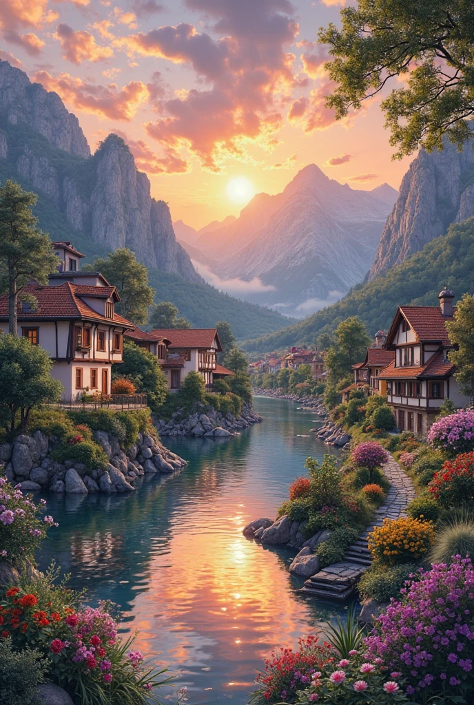 A small village by the river, mountains in the background, colorful flowers, detailed landscape style, beautiful natural scenery, atmospheric lighting,  scorching sunset ,  warm colors, practical, photographic, detailed foliage, complex buildings , cobblestone street, charming country house, vibrant colors, lush vegetation, reflections in the water, pitoresco, idyllic, work of art, Best Quality, 8k, extremely detailed, anime style