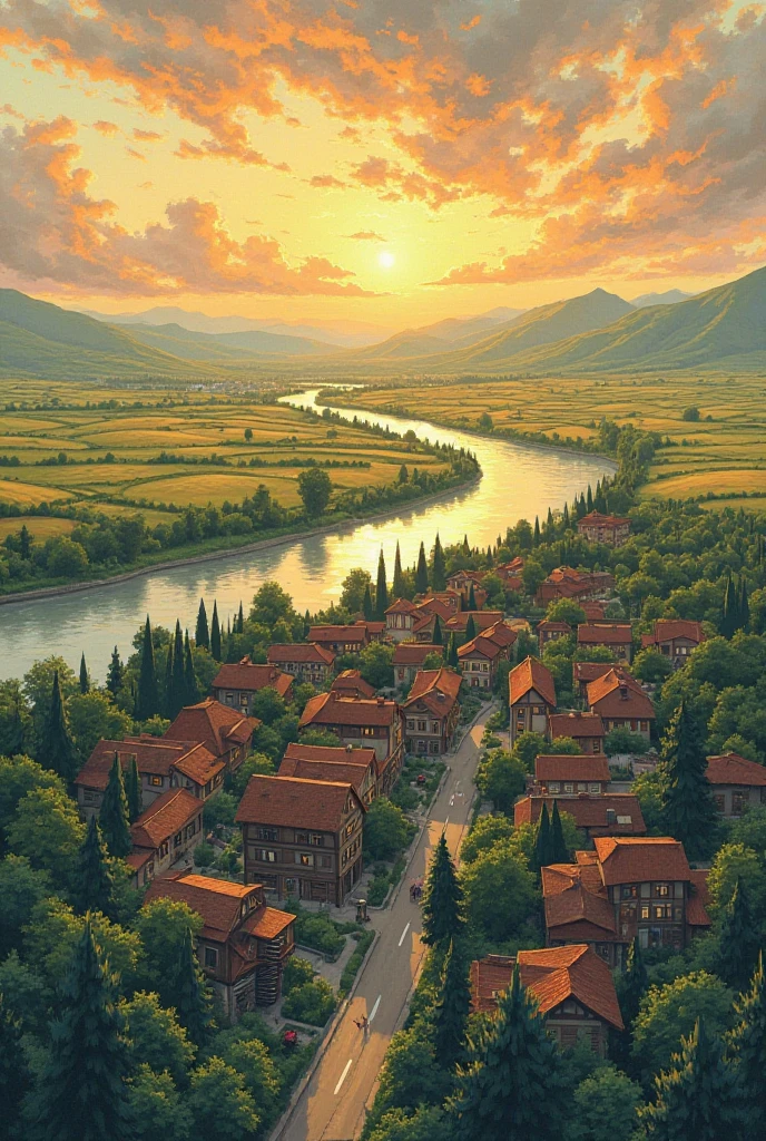 Draw with a bird’s eye high point of view big village with a river in the middle of that village showing it from from a very high point of view show the rooftops and streets visible of the houses and make streets with trees make green fields everywhere and yellow wheat fields here and there in the back ground make it in sunset golden hour lights make the sky full of clouds draw in market anime retro vintage style