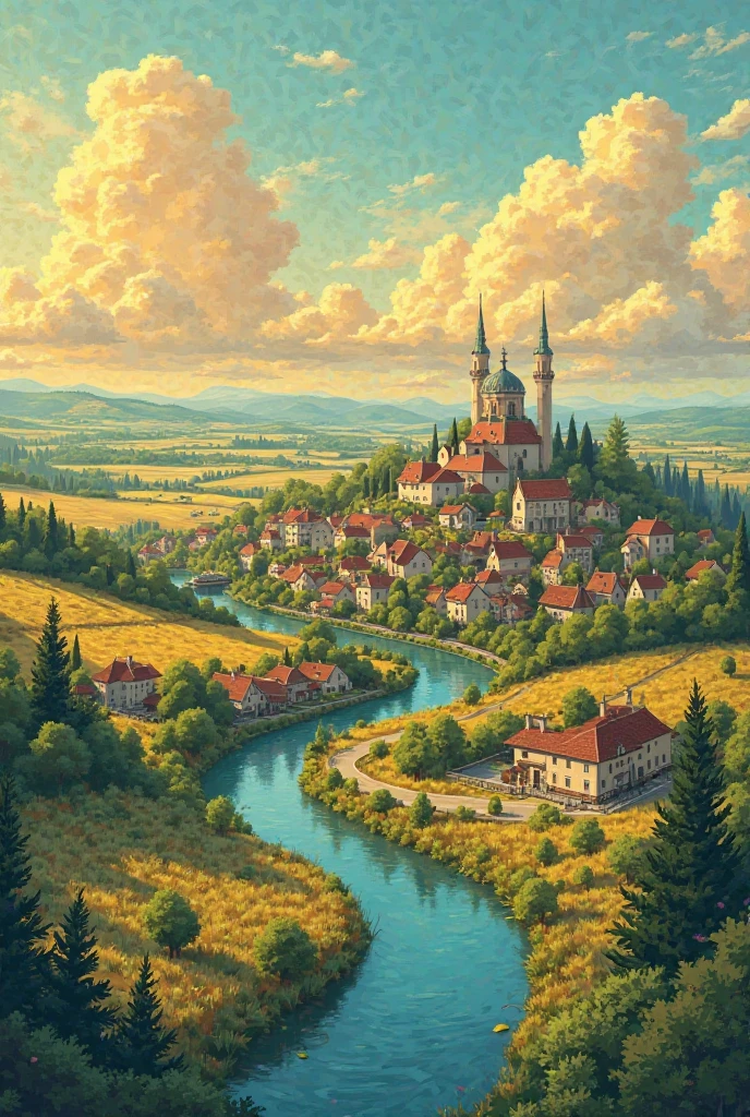 Draw with a bird’s eye high point of view big village with a river in the middle of that village showing it from from a very high point of view show the rooftops and streets visible of the houses and make streets with trees make green fields everywhere and yellow wheat fields here and there in the back ground make it in sunset golden hour lights make the sky full of clouds draw in market anime retro vintage style