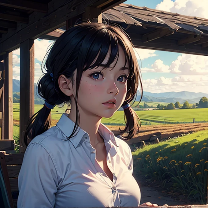 a woman,art by Robert Crumb. Farm girl unbuttoning her shirt, pigtails, high quality, detailed, photorealistic, masterpiece, hyper-realistic, digital painting, cinematic lighting, dramatic chiaroscuro, warm color palette, rustic country setting, wooden barn, hay bales, rolling hills, blue sky with wispy clouds, sun rays, farm girl in pigtails, medium breasts, unbuttoning shirt, shirt is partly open, hands on her lapels, alluring expression, naturalistic pose, skin texture, detailed facial features, realistic proportions