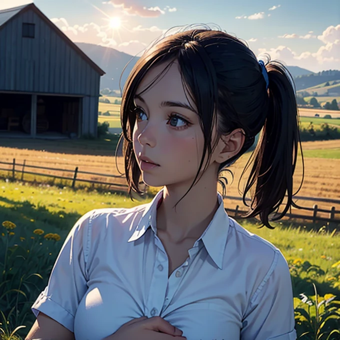 a woman,art by Robert Crumb. Farm girl unbuttoning her shirt, pigtails, high quality, detailed, photorealistic, masterpiece, hyper-realistic, digital painting, cinematic lighting, dramatic chiaroscuro, warm color palette, rustic country setting, wooden barn, hay bales, rolling hills, blue sky with wispy clouds, sun rays, farm girl in pigtails, medium breasts, unbuttoning shirt, shirt is partly open, hands on her lapels, alluring expression, naturalistic pose, skin texture, detailed facial features, realistic proportions