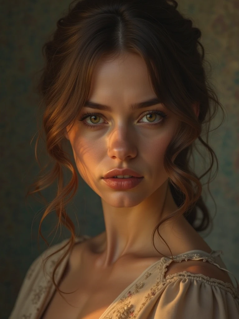 high quality, 4k, hyperrealistic, portrait, oil painting, Women, detailed face, serious expression, intense look, brown hair, postura determinada, Elegant outfit, blurry background, warm lighting, nostalgic atmosphere, soft color palette, cinematic effect, Arte conceptual
