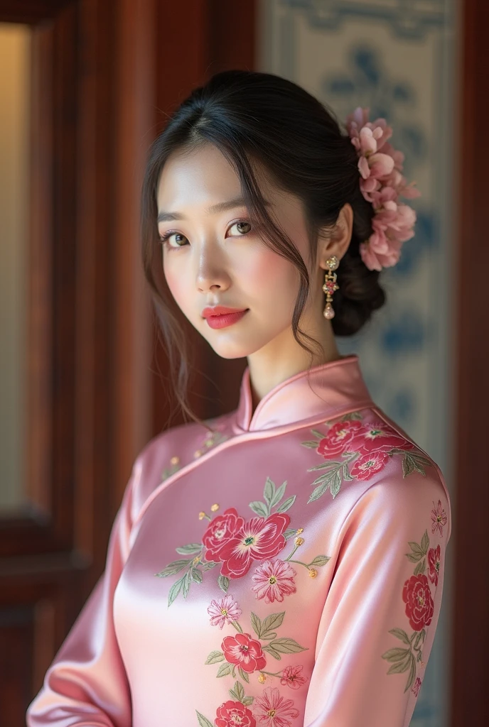 a close up of a woman in a pink dress in a room, inspired by Sim Sa-jeong, chinese dress, cheongsam, wearing pink floral gown, inspired by Lan Ying, inspired by Mei Qing, chinese costume, inspired by Huang Ji, inspired by Qiu Ying, dressed in a pink dress, inspired by Guo Xi, inspired by Min Zhen