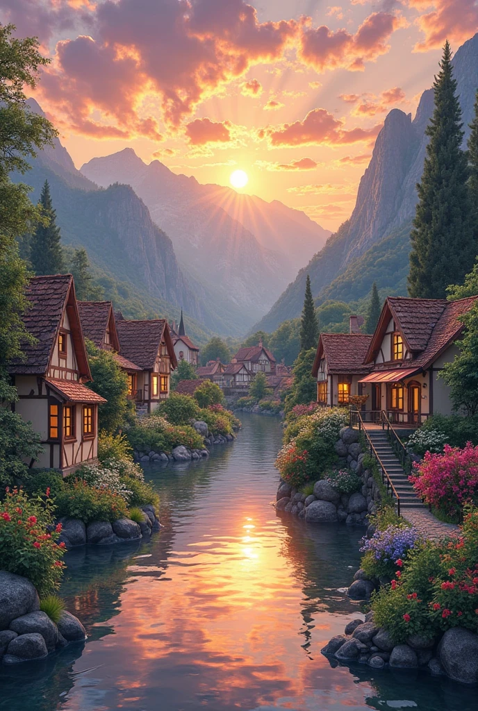 a small village by the river, mountains in the background, floral flowers colorful, detailed landscape, Beautiful natural landscapes, atmospheric lighting, scorching sunset, warm colours, practical, photopractical, Detailed Foliage, complex buildings, cobblestone street, Charming country house, swirly vibrant colors, lush vegetation, Still water reflections, Picturesque, idyllic, work of art, best qualityer, 8k, extremely detaild,anime styling
