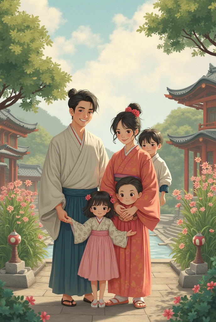 Beautiful japanese family of five. Father, Mother, 20 year old brother,  sister and  brother